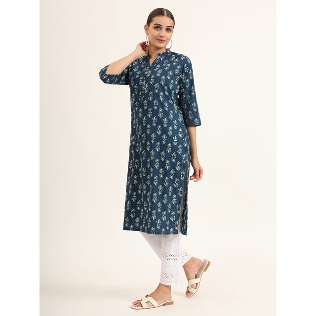 Divena Women s Blue Floral Print Pure Cotton Straight Kurta | DK2133 | L