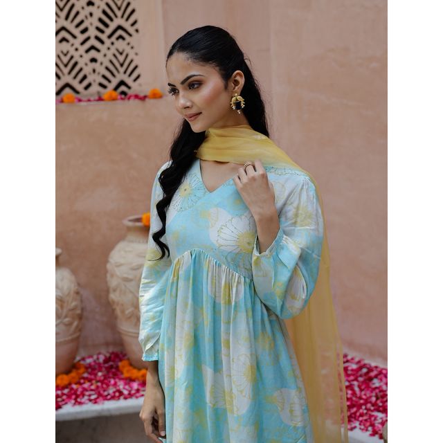 Rangdeep Floral Printed Thread Work Anarkali Kurta With Trousers & Dupatta | Women | Blue | M
