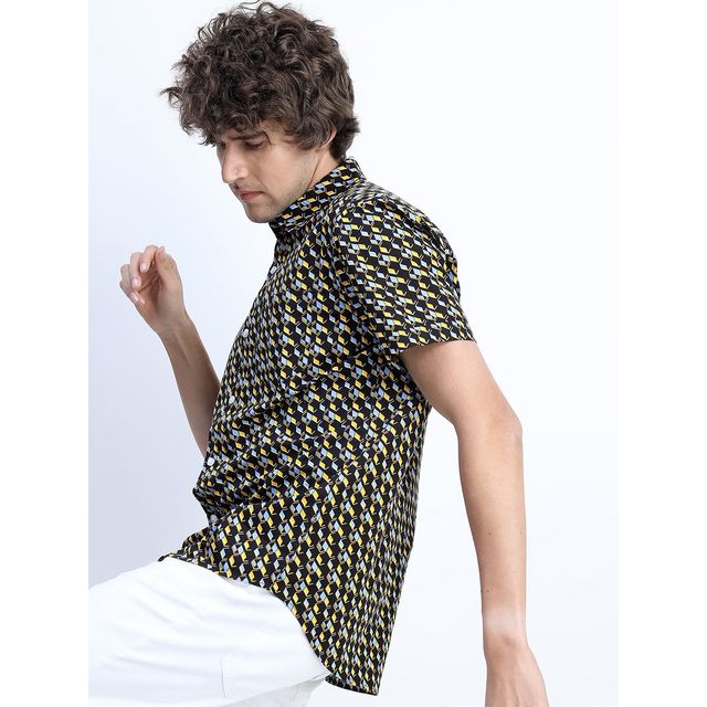 Highlander Men's Slim Fit Printed Casual Shirt - Black and Yellow | L