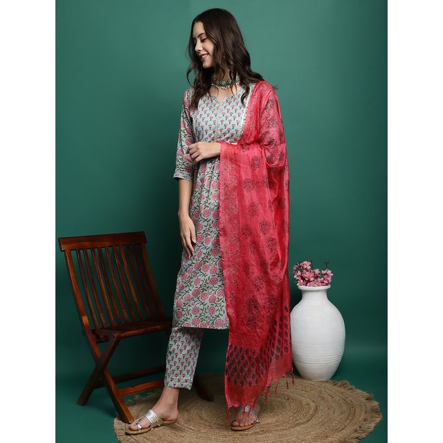Bandia Women's Floral Printed Kurta Trouser Set with Dupatta | BANKS0003 | Sea Green | M