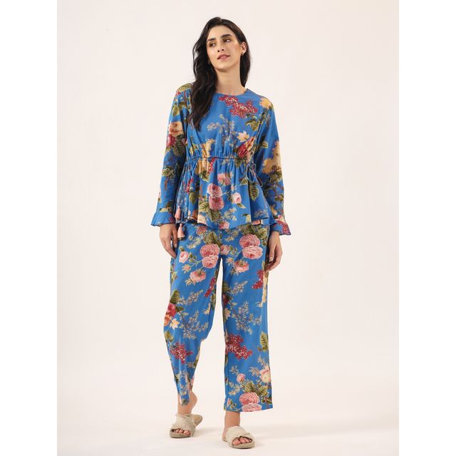 Sanskrutihomes Women's Floral Cotton Nightwear | Blue - XL
