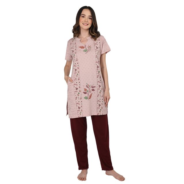 Duchess Women Cotton Regular Fit Printed Embroided Long Length Night Suit Set | Mouse-Maroon | 2XL