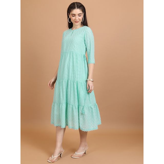 Ketch Women Self Designed Keyhole Neck A-Line Midi Dress | Sea Green | XL