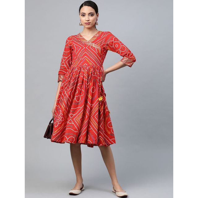 Anubhutee Bandhani Printed Pure Cotton Angrakha A-Line Dress | Red and White - L