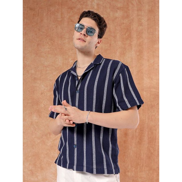 The Indian Garage Co Men's Relaxed Fit Striped Resort Half Sleeve Shirt | Indigo - XL