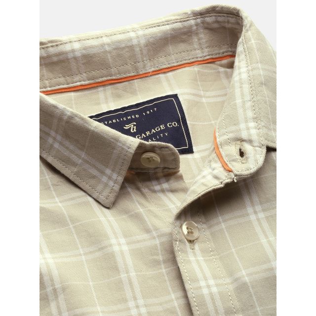 The Indian Garage Co Men's Slim Fit Checkered Casual Shirt | Beige - M