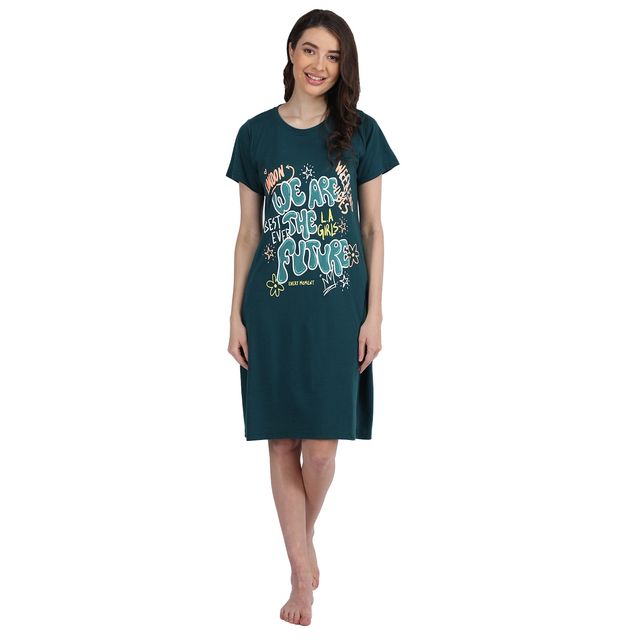 Duchess Women's Cotton Blend Printed Knee Length Nighty | Green - M