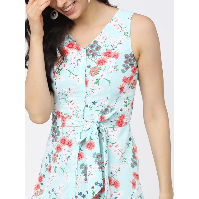 Tokyo Talkies Women's Floral Printed A-Line Midi Dress With Belt | Blue - XL