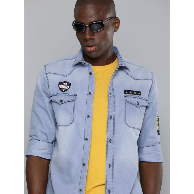 The Indian Garage Co Men's Slim Fit Solid Casual Denim Shirt | Blue - S