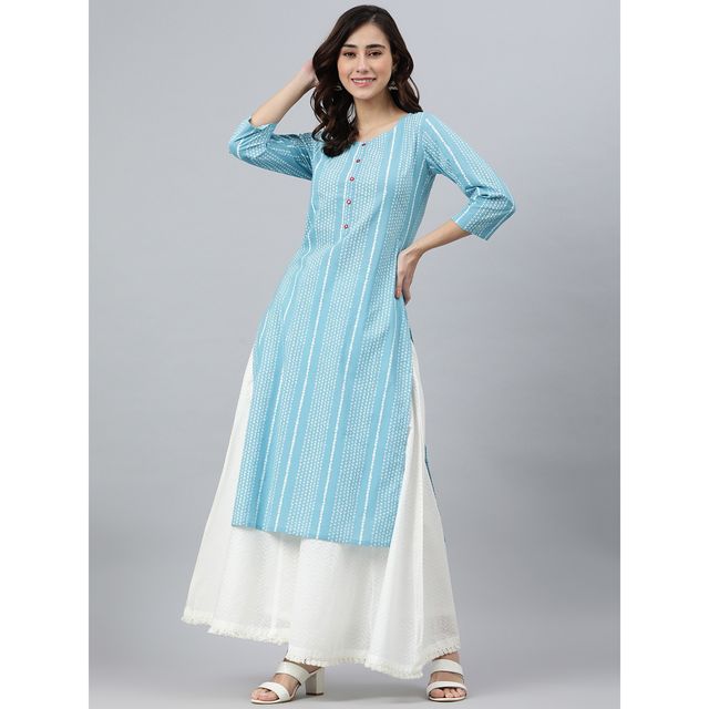 Janasya Women s Blue Pure Cotton Striped Straight Kurta - JNE3787-KR - S