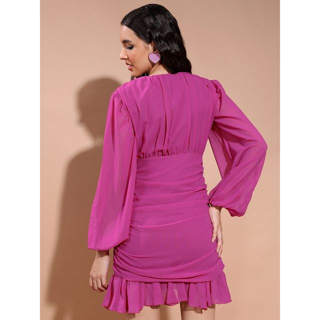 Ketch Women V-Neck Puff Sleeves A-Line Dress | Fuschia | S