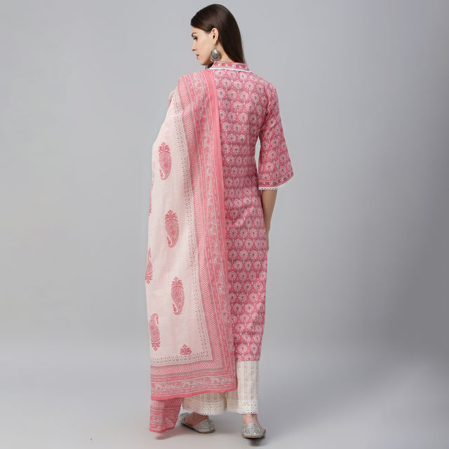 Libas Women Peach Floral Straight Cotton Kurta With Palazzo And Floral Dupatta - 35721XL