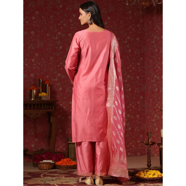 Ishin Women Straight Ethnic Poly Silk Kurta Set with Dupatta | INWSDAW231117 | Pink - M