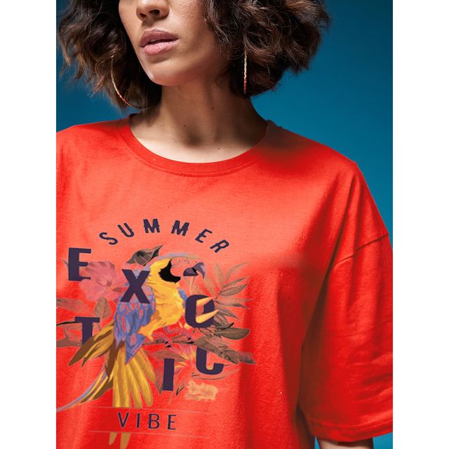 Smartees Women's Oversize Printed T-shirt | WW - Boxy - 3003 | Orange - XL
