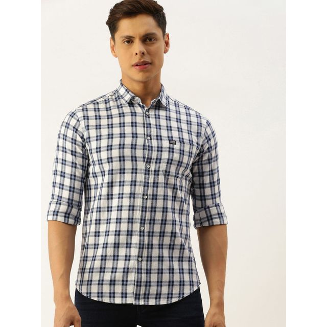 The Indian Garage Co Men's Slim Fit Checkered Casual Shirt | White - S