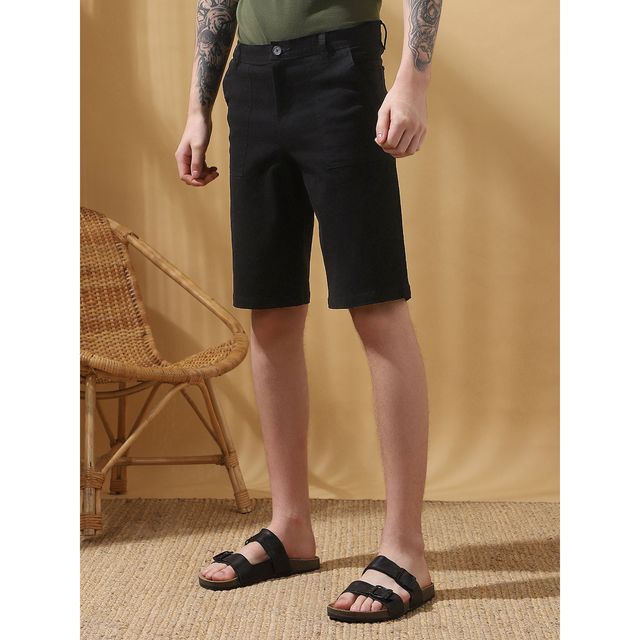 Dennis Lingo Men's Knee Length Mid-Rise Cotton Casual Shorts | DLMWSS25003 BK-28 | Black | 28