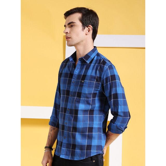 The Indian Garage Co Men's Slim Fit Checkered Casual Shirt | Blue - S