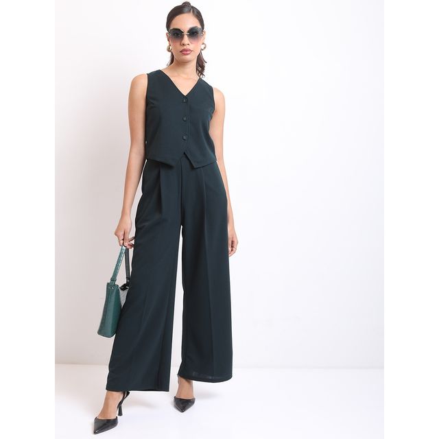 Ketch Women Sleeveless Waistcoat Wide Leg Trousers Co-ords | Blue | L