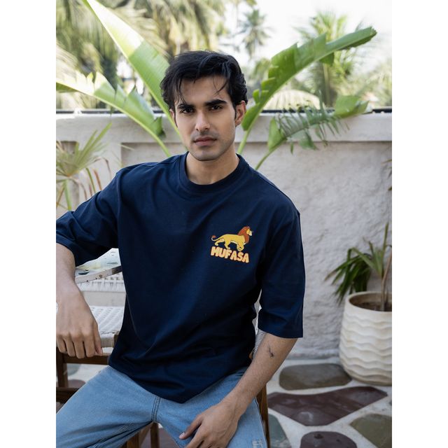 Bonorganik Men's Lion king Oversize - Front and back Print T-shirt | BON12052 | Navy - S