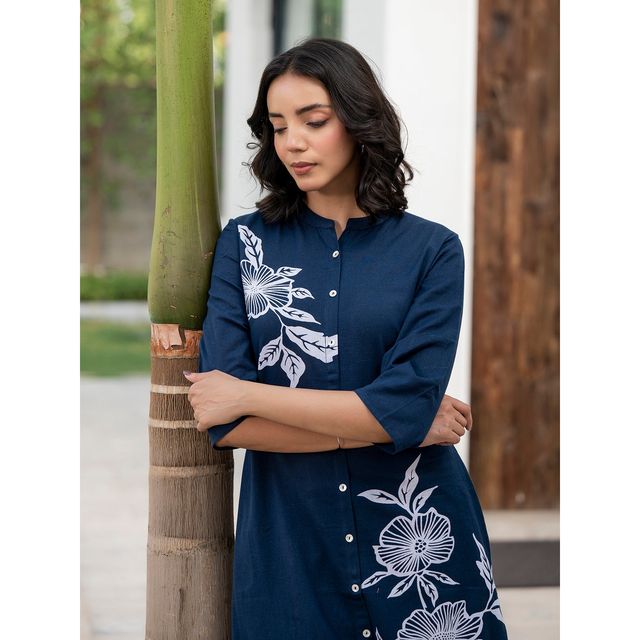 Divena Women s Navy Blue Floral Printed Cotton A-Line Fit Kurta Pant Set | DBK1361 | L
