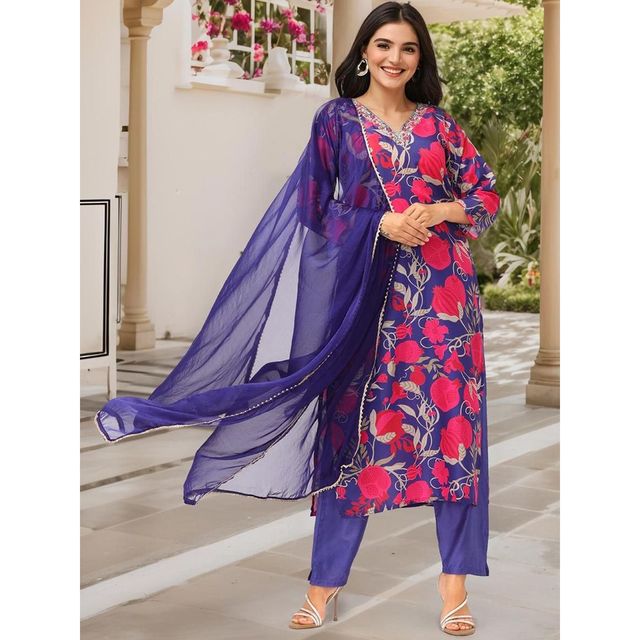 Ishin Women Kurta Set with Dupatta | INWSDS24073 | Navy - M