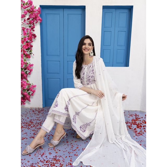 Ishin Women Kurta Set with Dupatta | INWSDS24035 | White - XL