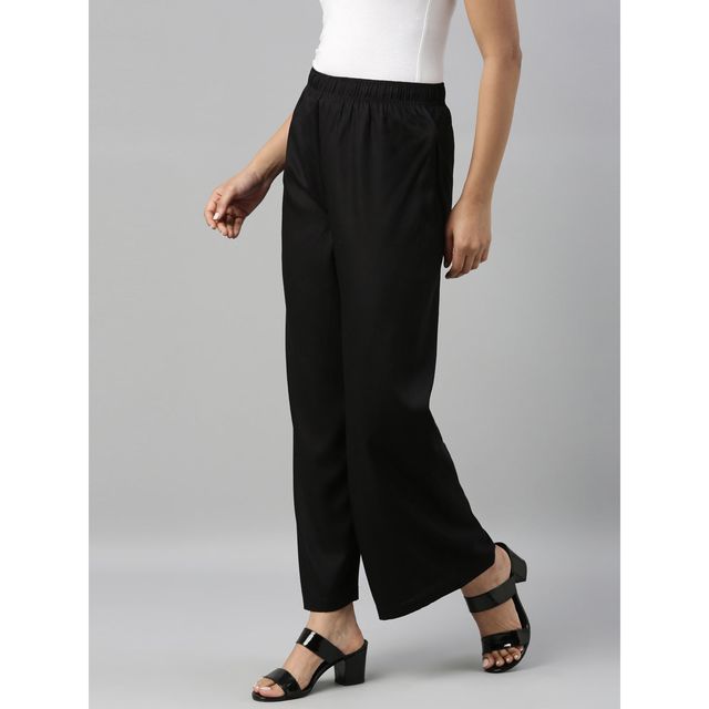 Go Colors Women's Solid Woven Viscose Mid Rise Basic Palazzos | LPZ7 | Black - L