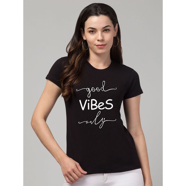 Smartees Women's Regular Fit Printed T-shirt | WW - Goodvibes | Black - XL