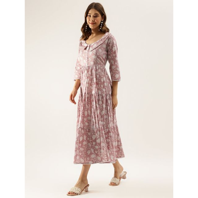 Divena Floral Printed Cotton Ethnic Dress for Women | DK1056 | Lavender - L