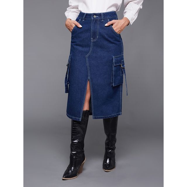 Miss Chase Women s Timeless Enigma Cargo Midi Skirt Navy Blue | 34