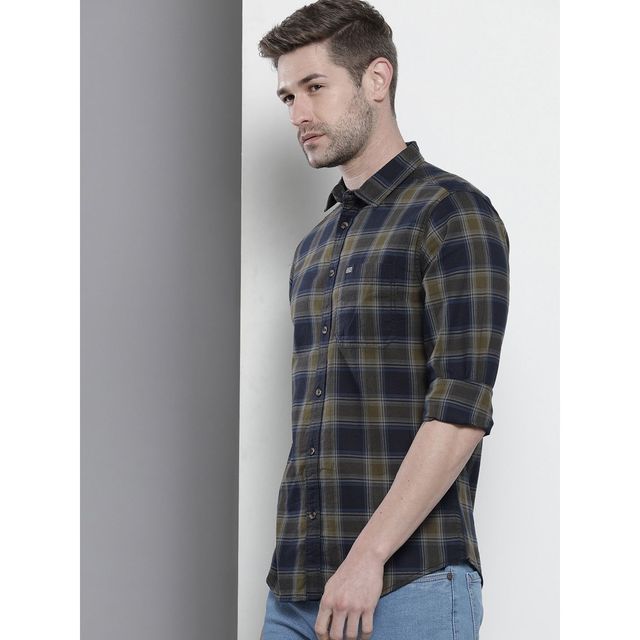 The Indian Garage Co Men's Slim Fit Checkered Casual Shirt | Navy Blue - M