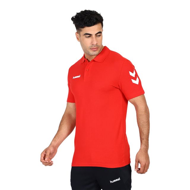 hummel Men's Go Polo Neck Solid Regular Fit Cotton Poly T-shirt | True Red - M
