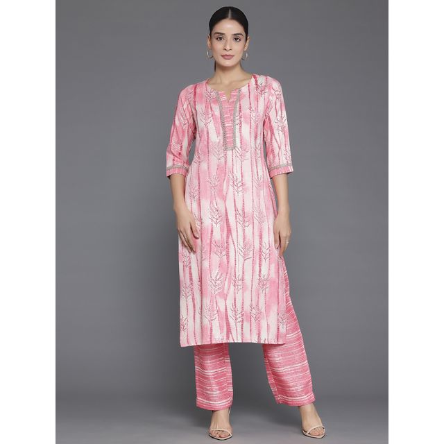 Libas Women's Peach Printed Rayon Straight Kurta Set | M