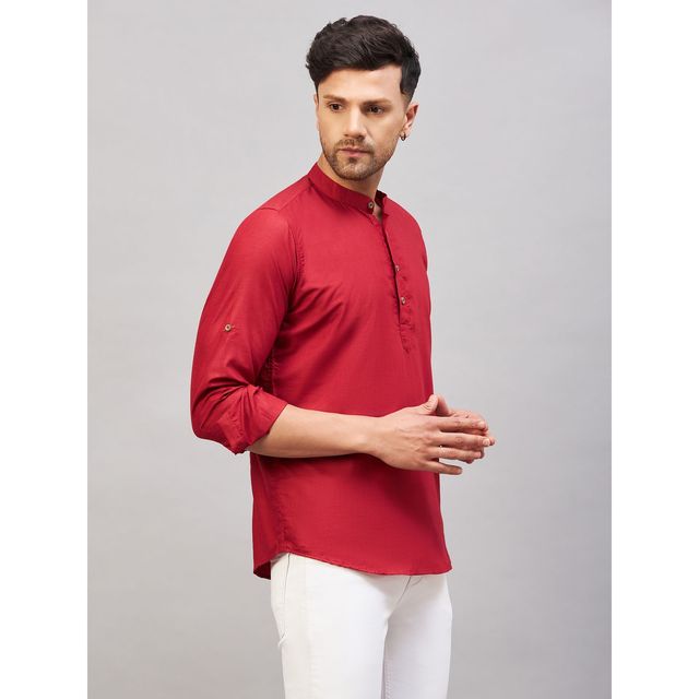 Vastramay Men's Cotton Blend Short Kurta | Maroon - XL