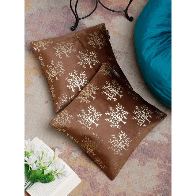 Hosta Homes Soft Velvet Tree Pattern Golden Foil Printed Brown Cushion Covers | Pack of 2