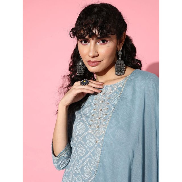 Ishin Women Embroidered Anarkali Kurta | INWKTS039 | Cotton Sky Blue - S