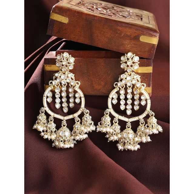 Priyaasi Gold-Plated Kundan Stone Studded And Pearls Beaded Contemporary Chandbalis