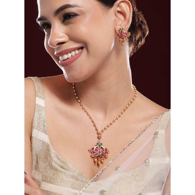 Rubans 22K Gold-Plated Emerald Green, Ruby Pink Kundan Jewellery Set with Golden Beads
