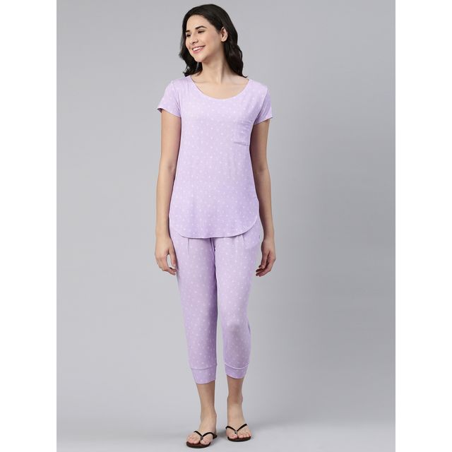 Enamor Essentials EC16 Women s Aop-Soft & Drapey All Over Printed Lounge Capri Set | Lavendar | S