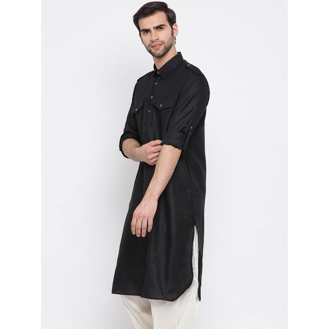 Vastramay Men's Cotton Blend Pathani Kurta | Black - XXL