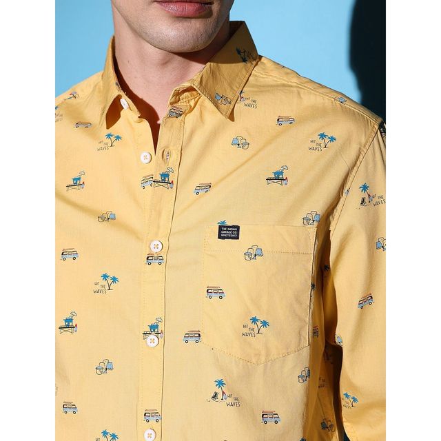 The Indian Garage Co Men's Slim Fit Cartoon Casual Shirt | Yellow - S