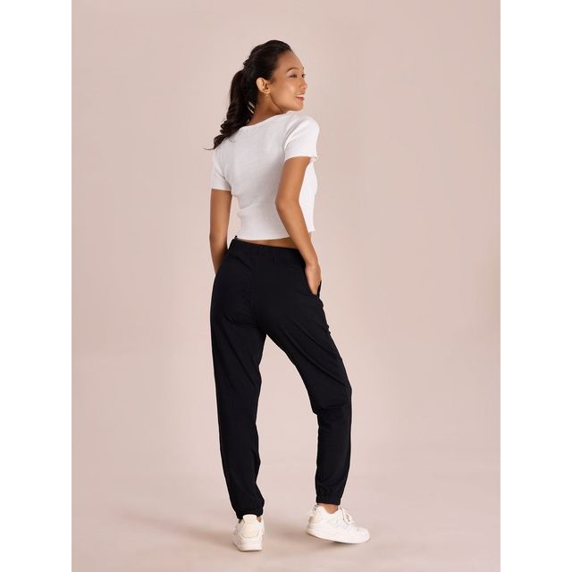 Go Colors Women's Solid Cotton Mid Rise Casual Joggers | LL07 | Black - S