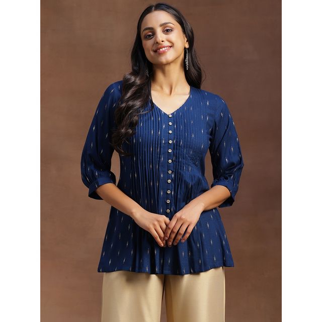 Libas Women's Woven Design Cotton Blend A-line Kurti | 29134 29134 | Blue - S