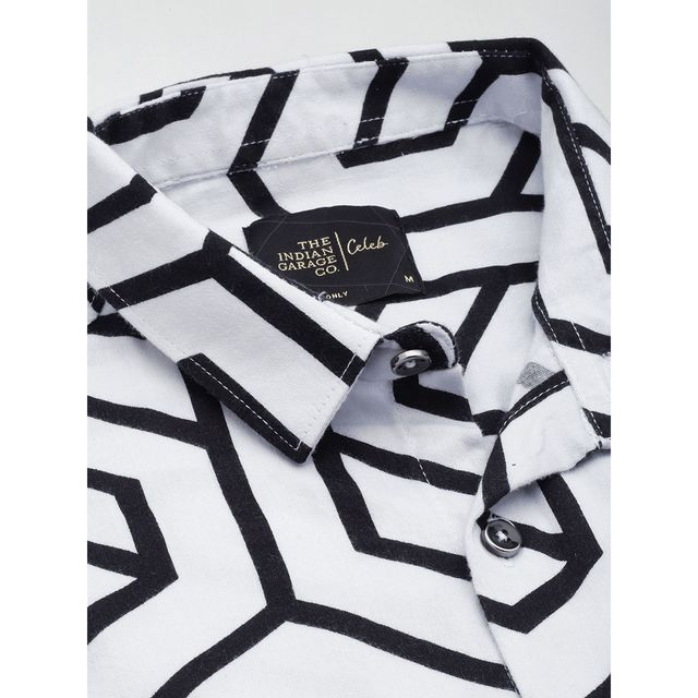 The Indian Garage Co Men's Slim Fit Geometric Print Party Shirt | White - XL