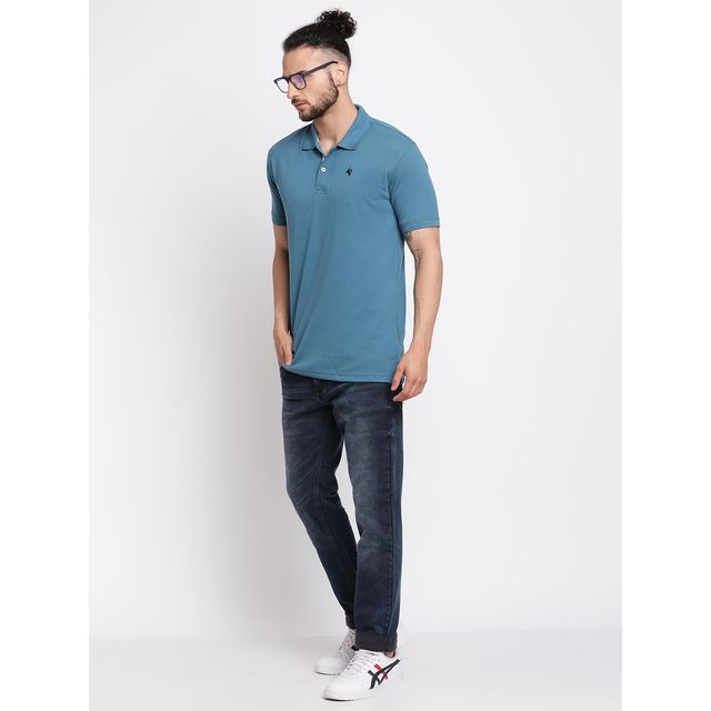 Cantabil Men's Solid Polo Neck Casual T-shirt | Blue - XXL