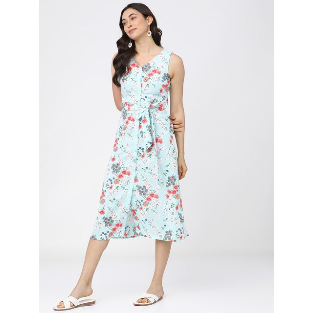 Tokyo Talkies Women's Floral Printed A-Line Midi Dress With Belt | Blue - XL