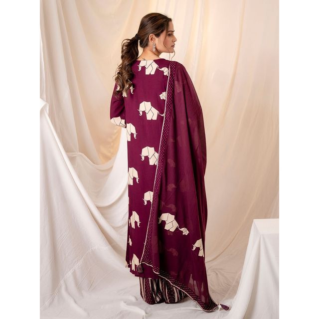 Ishin Women Cotton Kurta Set with Dupatta | INWSDS24232 | Wine - S
