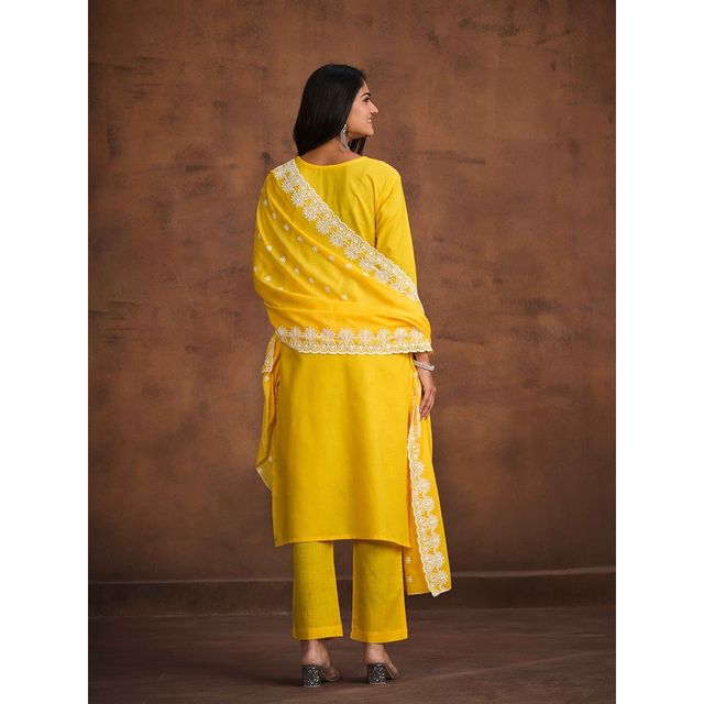 Ishin Women Kurta Set with Dupatta | INWSDS24012 | Yellow - XL