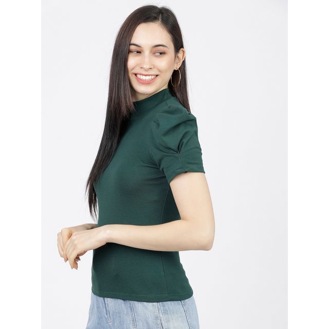 Tokyo Talkies Women's Puff Sleeve High Neck Fitted Top | Green - S