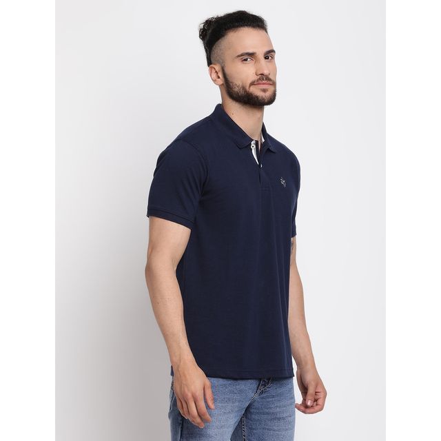 Cantabil Men's Solid Polo Neck Casual T-shirt | Navy Blue - L
